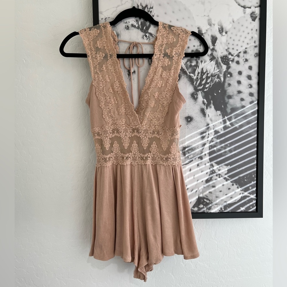 Sage Lace-Trim Peach Romper